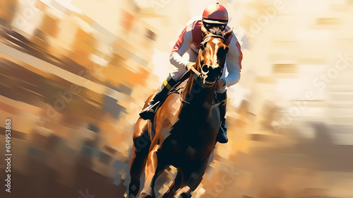 Horse racing, fast thoroughbred horse in full gallop with a horse jockey. Betting on race horse winner, equestrian illustration with copy space. © Vita