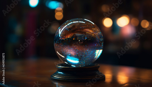 A glowing crystal ball reflects vibrant colors in a dark space generated by AI