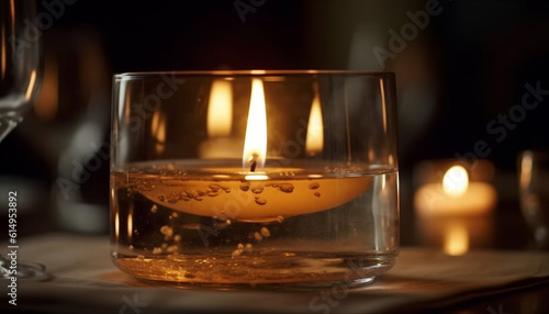 A glowing candle illuminates a whiskey glass on wooden table generated by AI