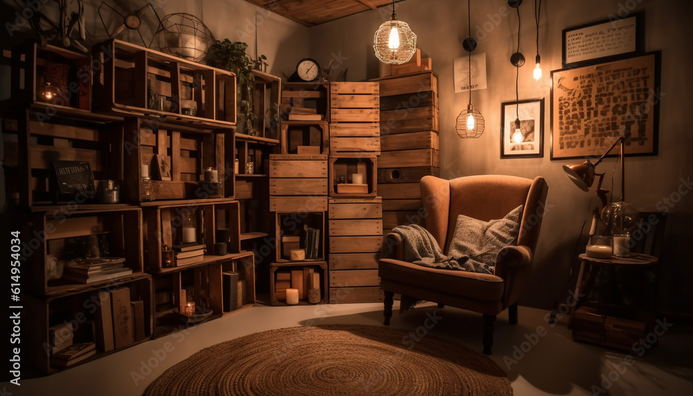 Rustic bookshelf illuminates old fashioned armchair in comfortable living room generated by AI