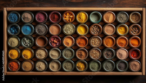 A vibrant collection of spices in a wooden bowl, varied generated by AI
