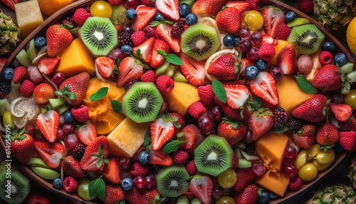 A vibrant fruit salad with kiwi, strawberry, and raspberry variations generated by AI