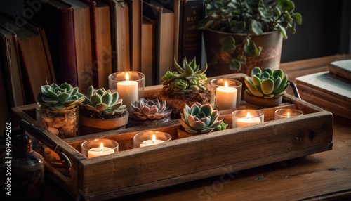 A tranquil scene of elegance candlelit plant decor in domestic room generated by AI