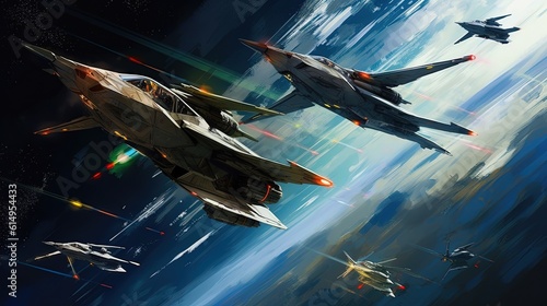 Photo A dynamic composition featuring a squadron of sleek starfighters soaring through