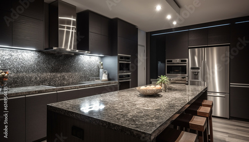 Modern luxury kitchen design with stainless steel appliances and granite countertops generated by AI