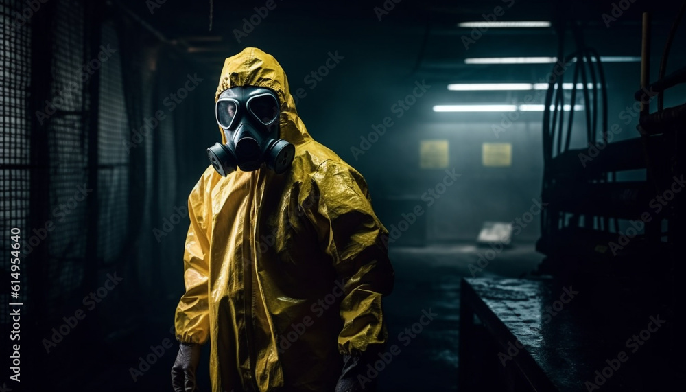 One person in protective workwear and mask looking at mystery generated by AI One person in protective workwear and mask looking at mystery generated by AI