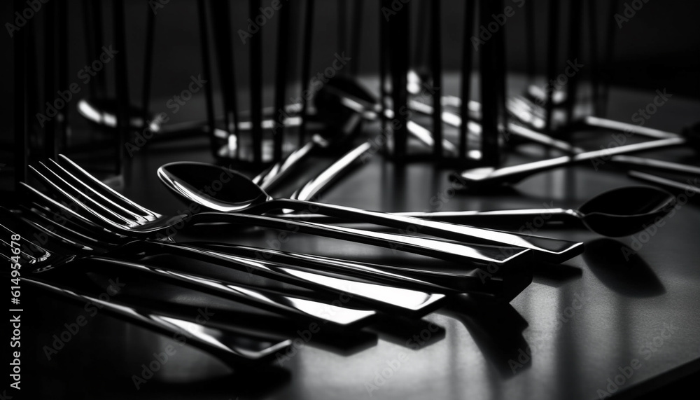 Shiny silverware in a row, empty kitchen, modern equipment generated by AI Shiny silverware in a row, empty kitchen, modern equipment generated by AI