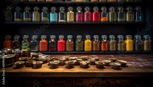 A variety of spices in glass jars arranged on shelves generated by AI