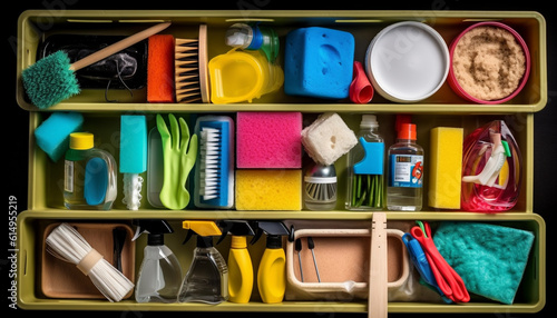 A multi colored collection of work tools in plastic containers generated by AI