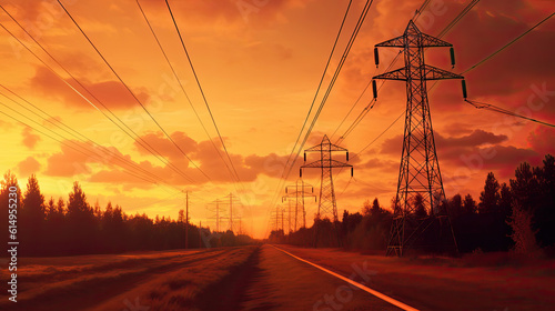 Electrifying Sunset: High-Voltage Power Lines Illuminated