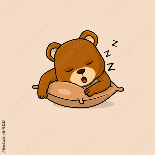 Cute baby bear cartoon sleeping on pillow flat vector icon illustration. 