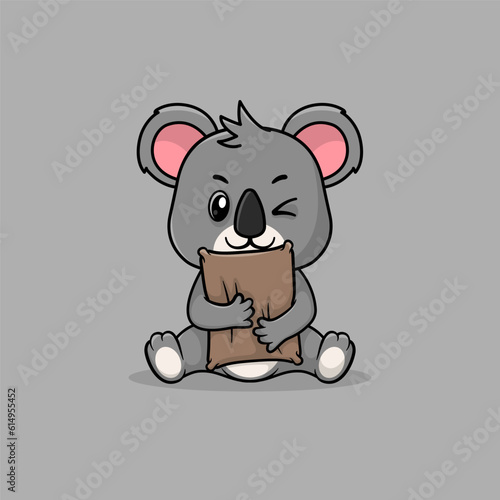 Cute baby koala cartoon sleeping on pillow flat vector icon illustration. 