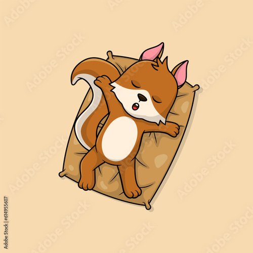 Cute baby squirrel cartoon sleeping on pillow flat vector icon illustration. 