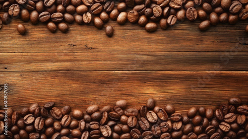 Roasted coffee beans artfully arranged on rustic wooden plank, view from top © Mongkolchon