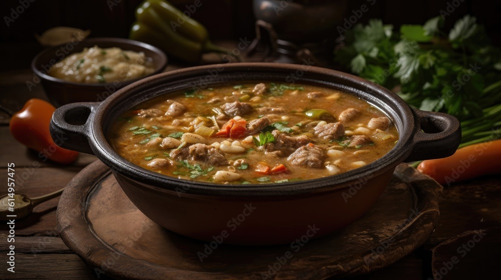 Green Chile Stew Mexican food on wooden mug with blurred background