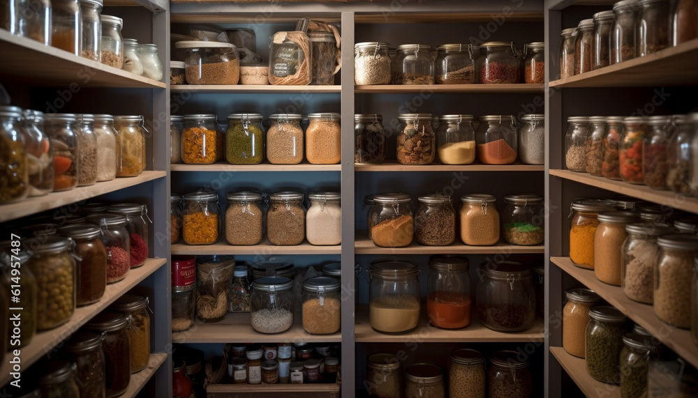 A large collection of organic spices in glass bottles on shelves generated by AI