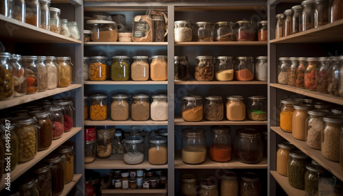 A large collection of organic spices in glass bottles on shelves generated by AI