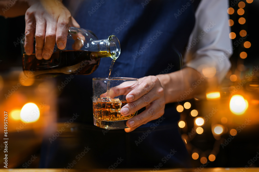 Bartender Serve Whiskey, on wood bar, Bartender Serve Whiskey, on wood bar,