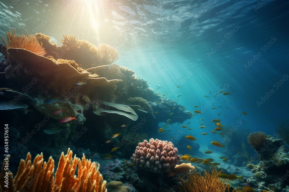Vibrant stock illustration of coral reefs and tropical fish in a sea ...