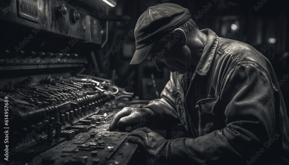 The young adult mechanic expertly repairs the metallic machinery indoors generated by AI The young adult mechanic expertly repairs the metallic machinery indoors generated by AI