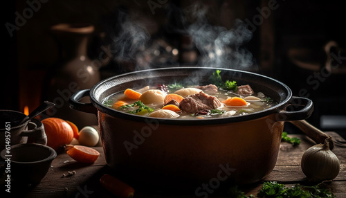 A homemade beef stew simmering on a rustic wood table generated by AI