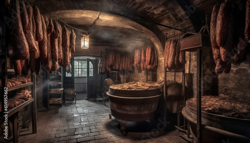 Old fashioned delicatessen stores smoked meat in rustic cellar workshop generated by AI