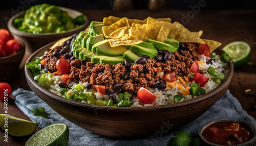 A gourmet taco bowl with fresh avocado, tomato, and cilantro generated by AI