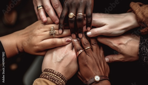 A multi ethnic group of adults holding hands in solidarity generated by AI