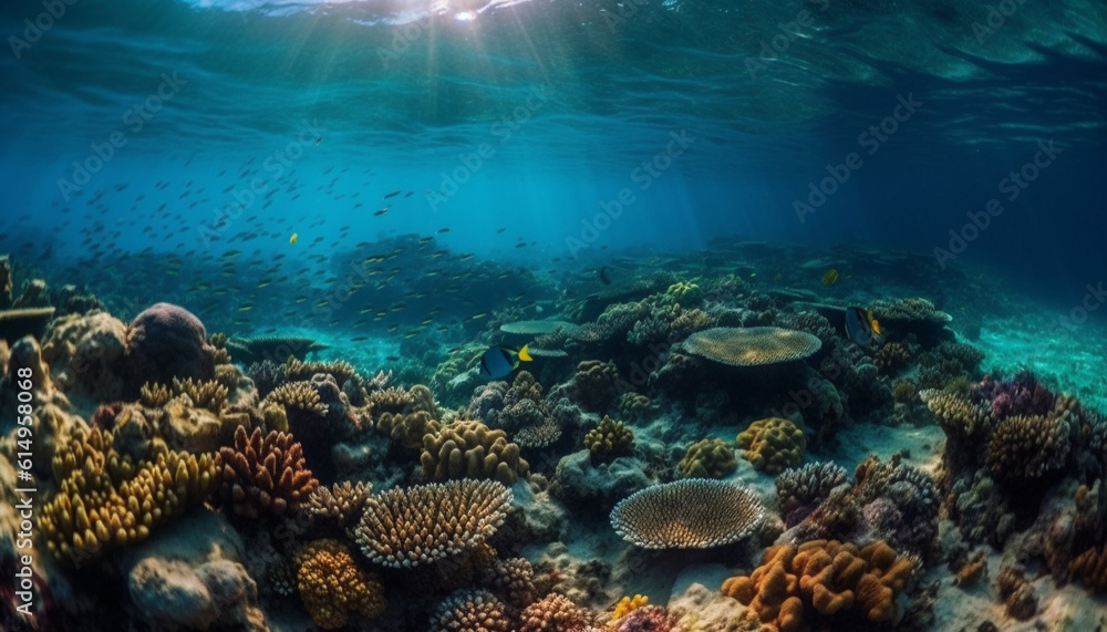 Fototapeta premium Deep below, a tranquil seascape of multi colored sea life generated by AI