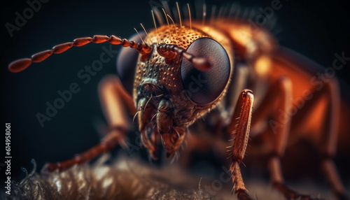 Spooky housefly portrait hairy, unhygienic, and on black background generated by AI © Stockgiu