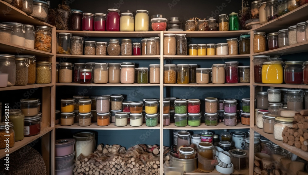 In the store, a large collection of jars in a row generated by AI