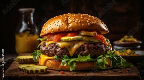 Cheeseburger on a wooden plate with a blurred background