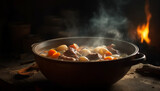 Healthy beef stew cooked in cast iron cauldron over fire generated by AI