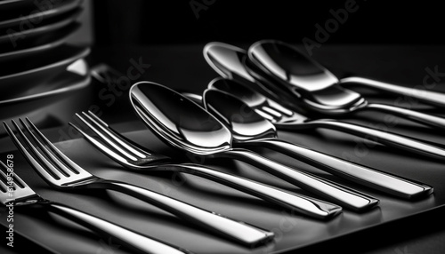 Shiny silverware in a row, utensils for elegant dining arrangements generated by AI photo