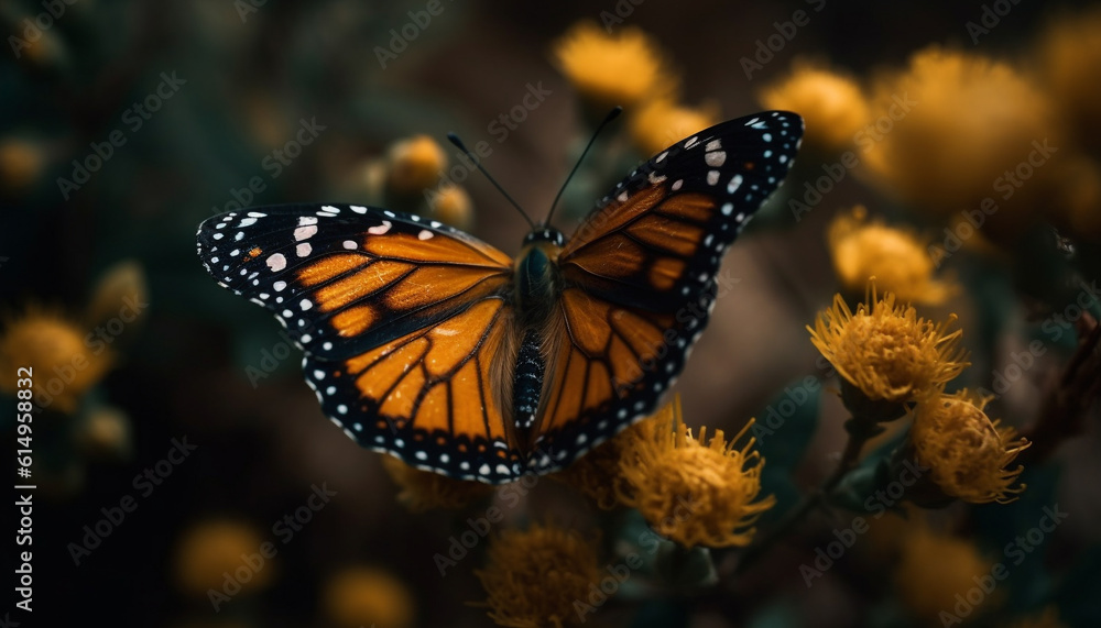 Fototapeta premium The monarch butterfly vibrant wings pollinate a single flower generated by AI
