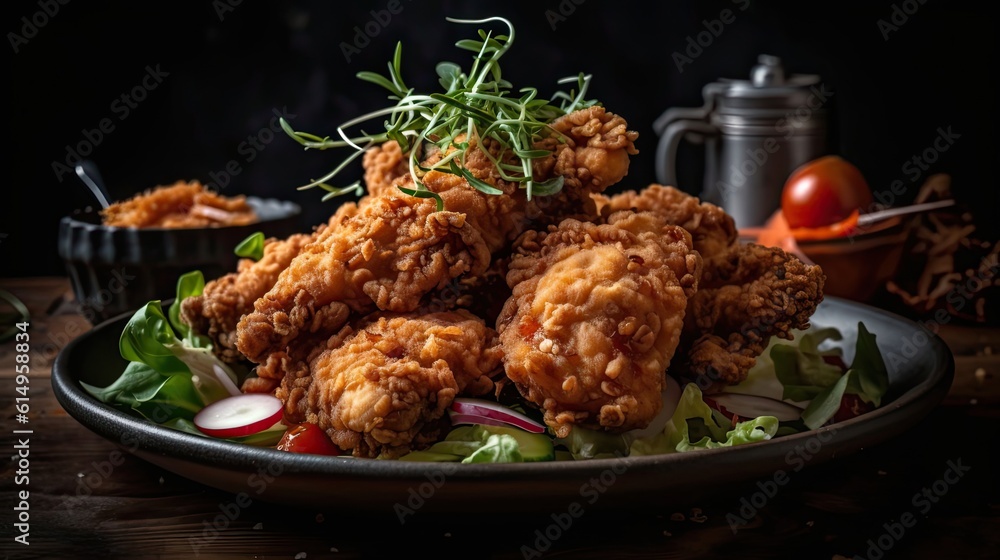 Crispy Fried Chicken on wooden plate with blurred background Crispy Fried Chicken on wooden plate with blurred background