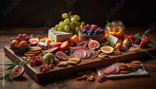 A rustic appetizer plate with prosciutto, camembert, and grapes generated by AI
