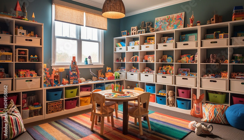 Colorful playroom design with modern toy shelf and educational books generated by AI