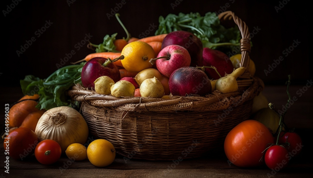Rustic farm bowl filled with juicy, ripe organic vegetables generated by AI Rustic farm bowl filled with juicy, ripe organic vegetables generated by AI