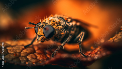 Spooky housefly with hairy legs and multi colored wings in macro generated by AI © Stockgiu