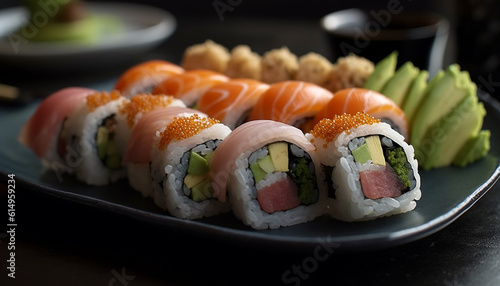 Fresh seafood maki sushi plate, a gourmet Japanese appetizer snack generated by AI