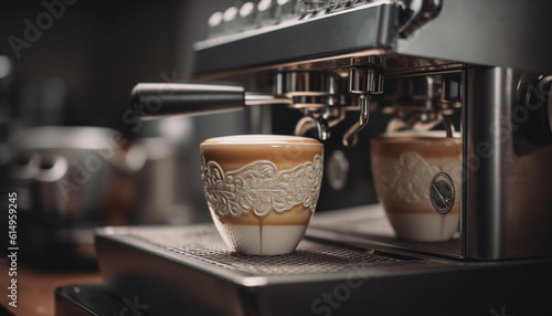 Barista prepares frothy cappuccino with fresh ground gourmet coffee beans generated by AI