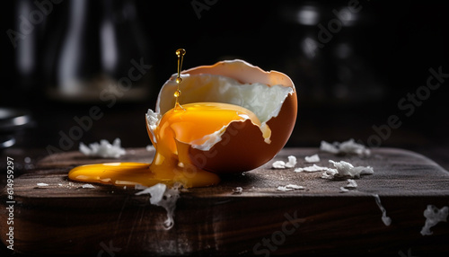 Fresh organic egg yolk on rustic homemade bread plate generated by AI photo