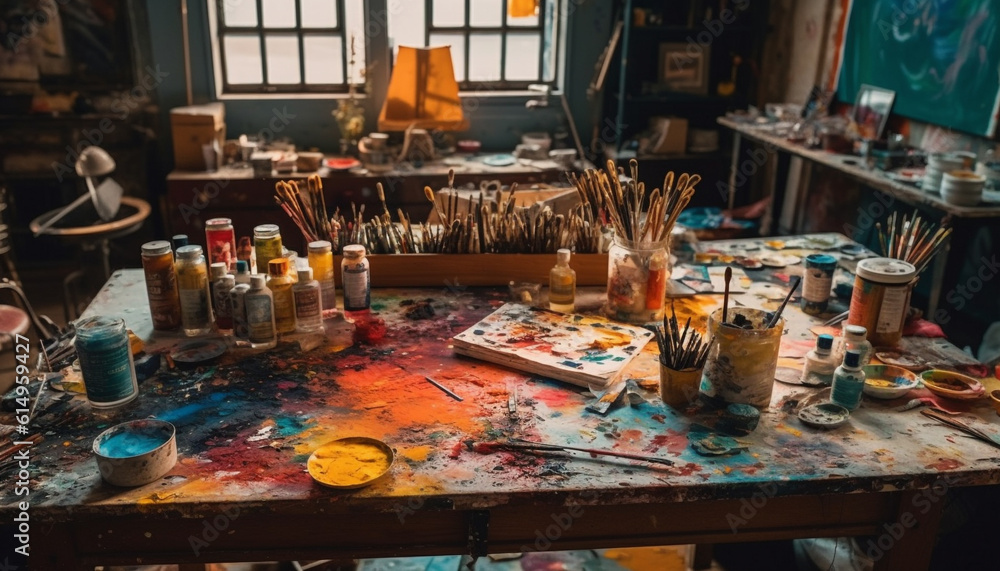 Creative artist uses multi colored paintbrush to craft messy paintings indoors generated by AI Creative artist uses multi colored paintbrush to craft messy paintings indoors generated by AI