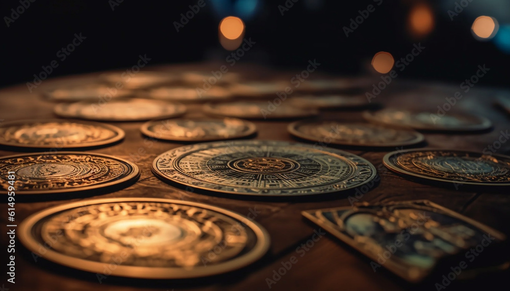 Old fashioned gold coin on table symbolizes wealth and investment success generated by AI Old fashioned gold coin on table symbolizes wealth and investment success generated by AI