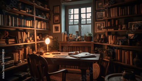 Old fashioned literature collection illuminates modern home office with antique desk generated by AI © Stockgiu