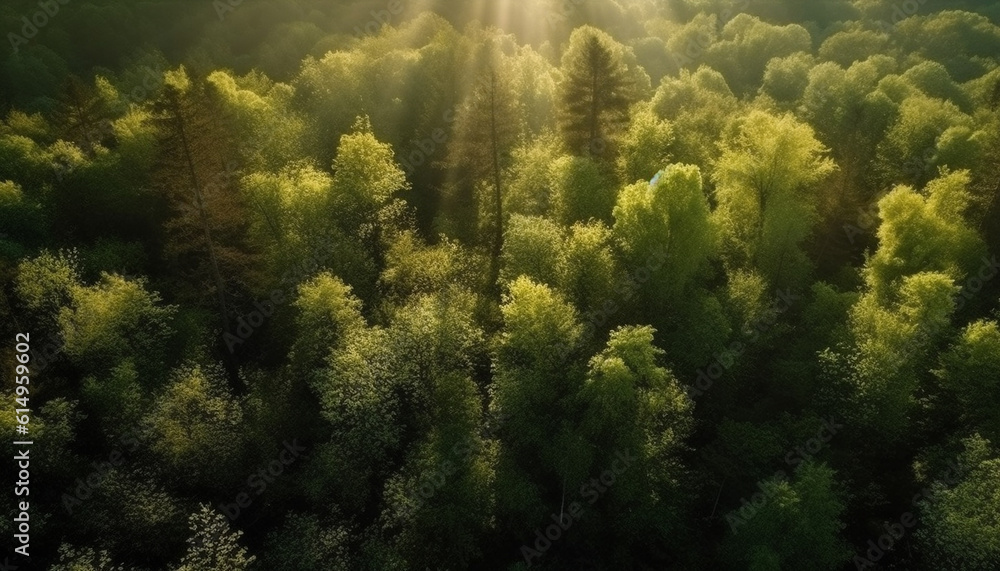 The tranquil scene of a foggy forest at dawn generated by AI The tranquil scene of a foggy forest at dawn generated by AI