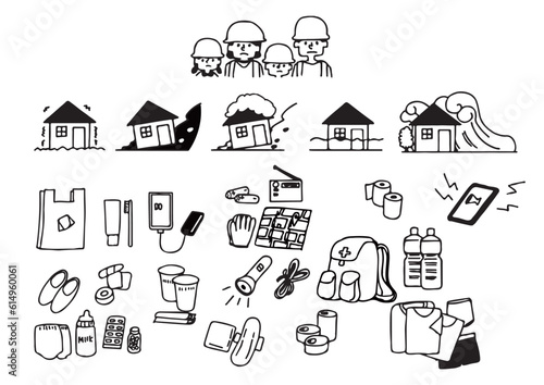 災害に備えて準備する避難用品の手書きのイラストセット