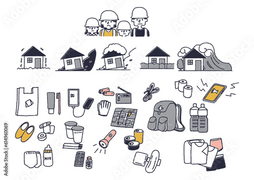 災害に備えて準備する避難用品の手書きのイラストセット