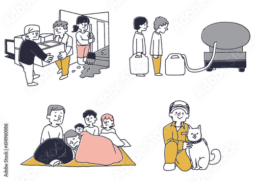 自然災害が起きた時の避難の様子や復旧に関してのイラストセット